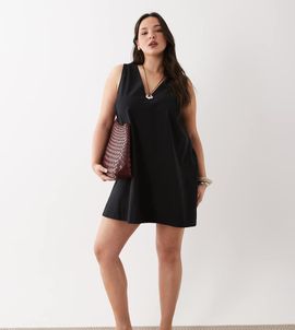 ASOS Curve ASOS DESIGN Curve cotton linen v neck smock mini dress in black