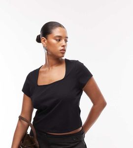 ASOS Curve ASOS DESIGN Curve cotton square neck cap sleeve top in black