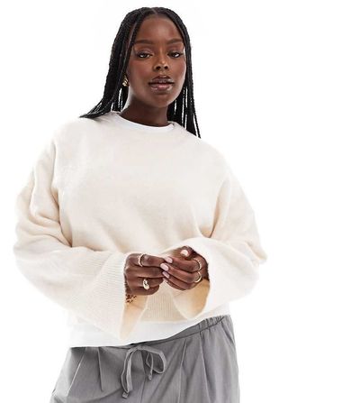 ASOS Curve ASOS DESIGN Curve crew neck boxy sweater with wide cuff in cream-White