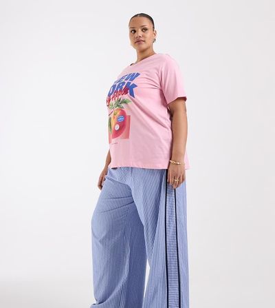 ASOS Curve ASOS DESIGN Curve crinkle tipped pull on pants with waist tie in blue stripes
