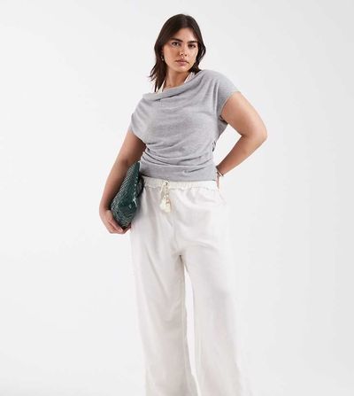 ASOS Curve ASOS DESIGN Curve crochet insert wide leg pants with tassel tie in ivory - part of a set-White