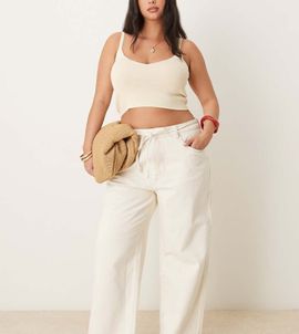 ASOS Curve ASOS DESIGN Curve crop wide leg dad jean with belt in ecru-White