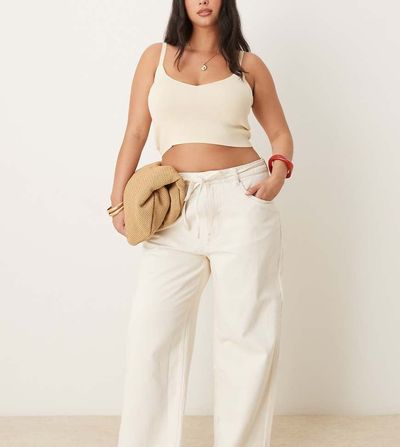 ASOS Curve ASOS DESIGN Curve crop wide leg dad jean with belt in ecru-White
