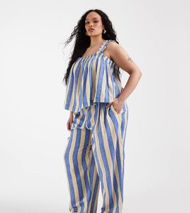 ASOS Curve ASOS DESIGN Curve Delilah cheesecloth beach pants in blue stripes-Multi