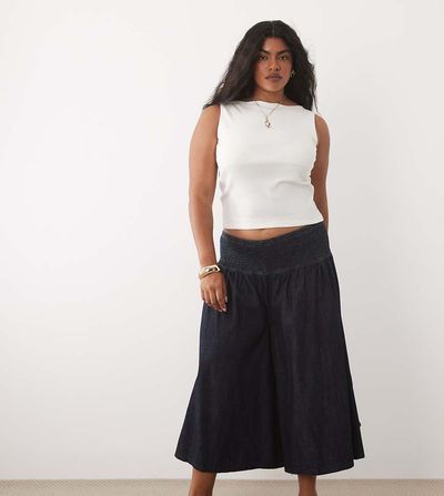 ASOS Curve ASOS DESIGN Curve denim culotte jeans with shirred waistband in indigo-Navy