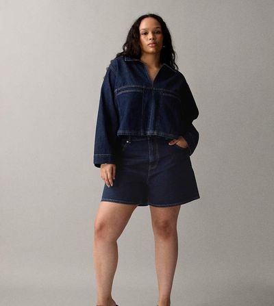 ASOS Curve ASOS DESIGN Curve denim dad shorts in rinse-Navy