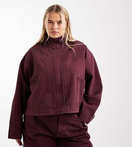 ASOS Curve ASOS DESIGN Curve denim funnel neck jacket in burgundy - part of a set-Red