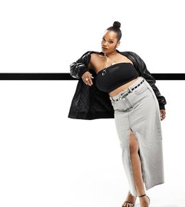 ASOS Curve ASOS DESIGN Curve denim maxi skirt in wash gray