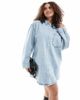 ASOS Curve ASOS DESIGN Curve denim mini shirt dress with front pockets in bleach wash-Blue - 1
