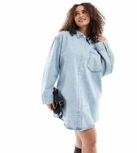ASOS Curve ASOS DESIGN Curve denim mini shirt dress with front pockets in bleach wash-Blue