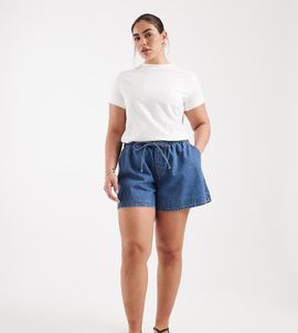 ASOS Curve ASOS DESIGN Curve denim pull-on shorts in mid blue