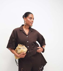 ASOS Curve ASOS DESIGN Curve denim short sleeve shirt with cutwork detail in chocolate - part of a set-Brown