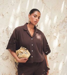 ASOS Curve ASOS DESIGN Curve denim shorts with cutwork in chocolate - part of a set-Brown