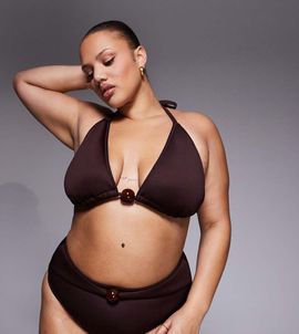 ASOS Curve ASOS DESIGN Curve Dora premium high apex triangle bikini top with jumbo bead in chocolate-Brown