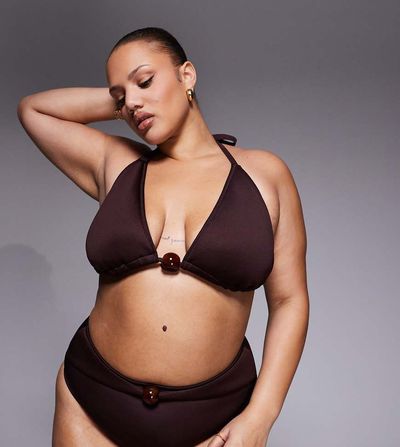 ASOS Curve ASOS DESIGN Curve Dora premium high apex triangle bikini top with jumbo bead in chocolate-Brown