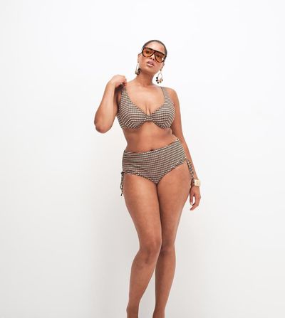 ASOS Curve ASOS DESIGN Curve Dori ruched high waisted bikini bottom in sunset stripe-Orange