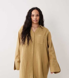 ASOS Curve ASOS DESIGN Curve double cloth mini shirt dress with wide cuffs and oversized pockets in toasted sage-Green