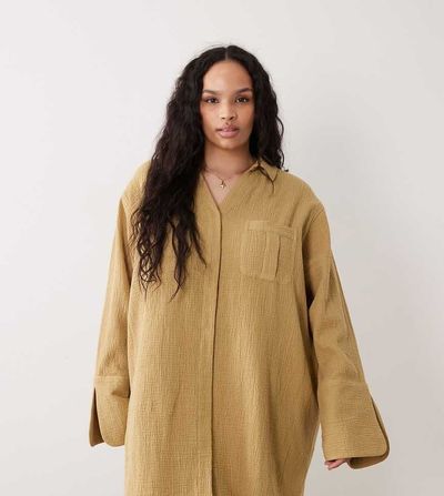 ASOS Curve ASOS DESIGN Curve double cloth mini shirt dress with wide cuffs and oversized pockets in toasted sage-Green