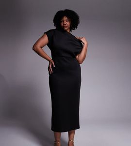 ASOS Curve ASOS DESIGN Curve dramatic neckline midi dress in black scuba-style fabric