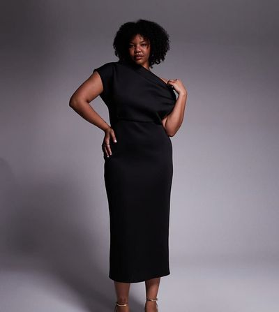 ASOS Curve ASOS DESIGN Curve dramatic neckline midi dress in black scuba-style fabric