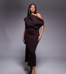 ASOS Curve ASOS DESIGN Curve dramatic neckline midi dress in brown scuba-style fabric