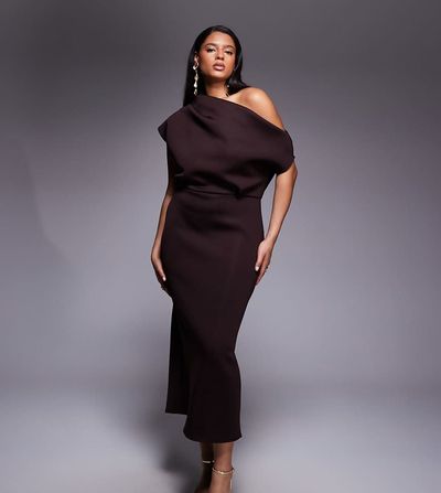 ASOS Curve ASOS DESIGN Curve dramatic neckline midi dress in brown scuba-style fabric