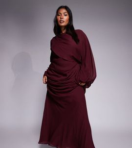 ASOS Curve ASOS DESIGN Curve drape front blouson sleeve maxi dress in mulberry-Red