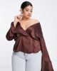 ASOS Curve ASOS DESIGN Curve drape long sleeve top with button keyhole detail and peplum hem in chocolate-Brown - 1