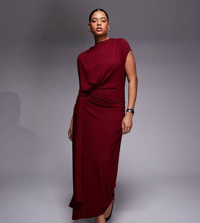 ASOS Curve ASOS DESIGN Curve draped cap sleeve midaxi dress in red wine