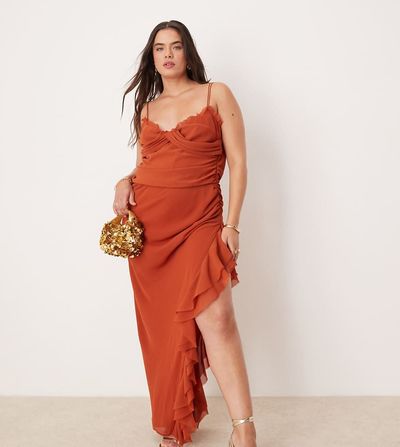 ASOS Curve ASOS DESIGN Curve draped crinkle maxi dress with ruffles and strappy details in rust-Red