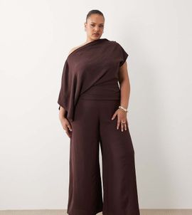 ASOS Curve ASOS DESIGN Curve draped fallen shoulder jumpsuit in fudge-Navy
