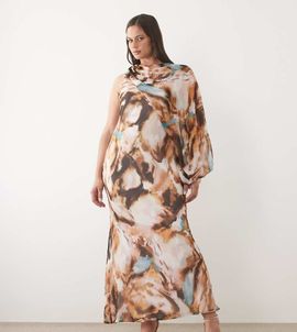 ASOS Curve ASOS DESIGN Curve draped sleeve bias cut maxi dress in brown and blue abstract print-Multi