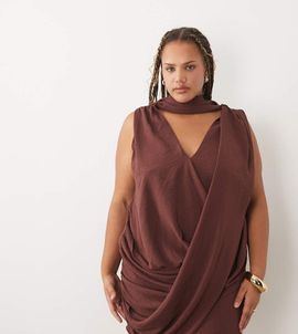ASOS Curve ASOS DESIGN Curve draped wrap front mini dress with scarf detail in chocolate-Brown