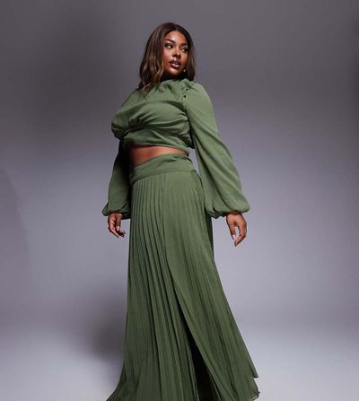 ASOS Curve ASOS DESIGN Curve dropped waist pleat detail maxi skirt in olive - part of a set-Green
