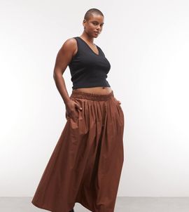 ASOS Curve ASOS DESIGN Curve elasticated waist volume midi skirt in brown