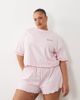 ASOS Curve ASOS DESIGN Curve embroidered siesta slogan short sleeve tee and shorts pajama set with lettuce edge in pink - 1