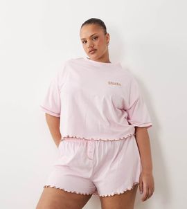 ASOS Curve ASOS DESIGN Curve embroidered siesta slogan short sleeve tee and shorts pajama set with lettuce edge in pink