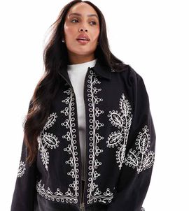 ASOS Curve ASOS DESIGN Curve embroidered top collar jacket in black