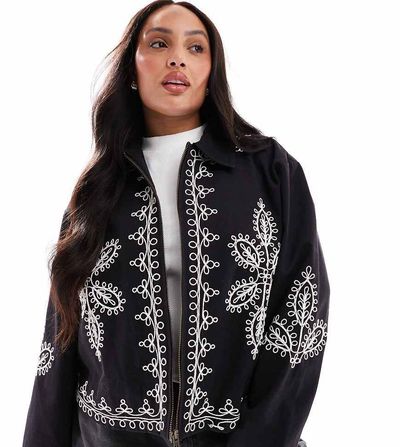 ASOS Curve ASOS DESIGN Curve embroidered top collar jacket in black