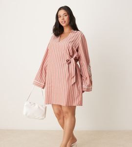 ASOS Curve ASOS DESIGN Curve embroidered wrap shirt mini dress with wide cuff in stripe-Multi