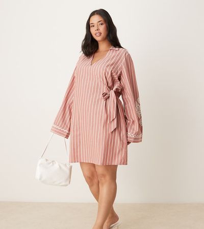 ASOS Curve ASOS DESIGN Curve embroidered wrap shirt mini dress with wide cuff in stripe-Multi