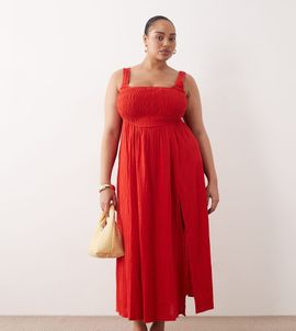 ASOS Curve ASOS DESIGN Curve exclusive Selina beach textured cotton shirred maxi sundress in red
