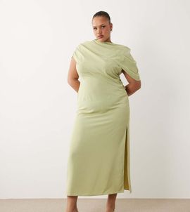 ASOS Curve ASOS DESIGN Curve fallen shoulder slinky midi dress in sage-Green