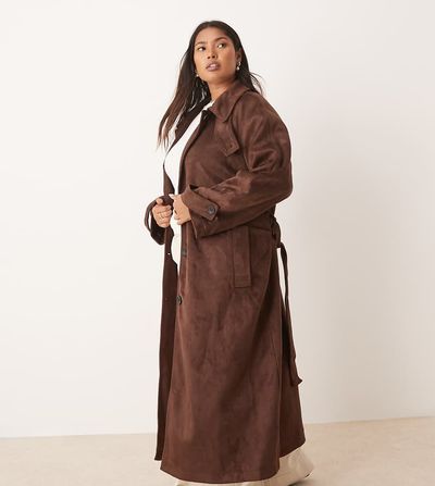 ASOS Curve ASOS DESIGN Curve faux suede funnel neck trench coat in chocolate-Brown