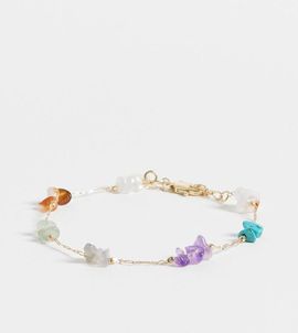 ASOS Curve ASOS DESIGN Curve fine chain bracelet with multi-colored semi-precious chippings in gold tone-Silver