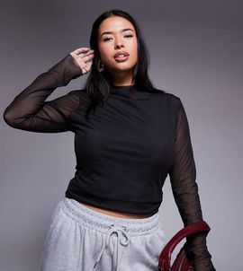 ASOS Curve ASOS DESIGN Curve fitted high neck double layer mesh long sleeve top in black