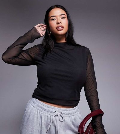 ASOS Curve ASOS DESIGN Curve fitted high neck double layer mesh long sleeve top in black