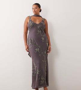 ASOS Curve ASOS DESIGN Curve floral embellished cami maxi dress with scarf in charcoal gray