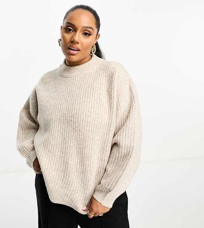 ASOS Curve ASOS DESIGN Curve fluffy rib sweater with crew neck in oatmeal-Neutral