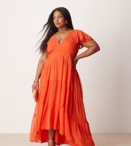 ASOS Curve ASOS DESIGN Curve flutter sleeve ruched maxi dress with hi low hem in spicy red
